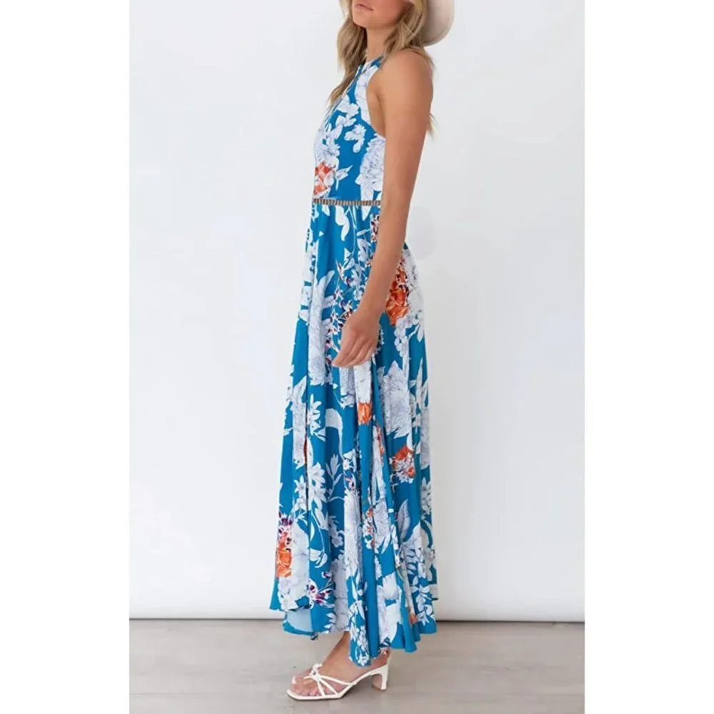 Boho Teal Blue Floral Printed Halter Neck Cut Out Flowy Long‎ A-Line Maxi Dress - Picture 5 of 7